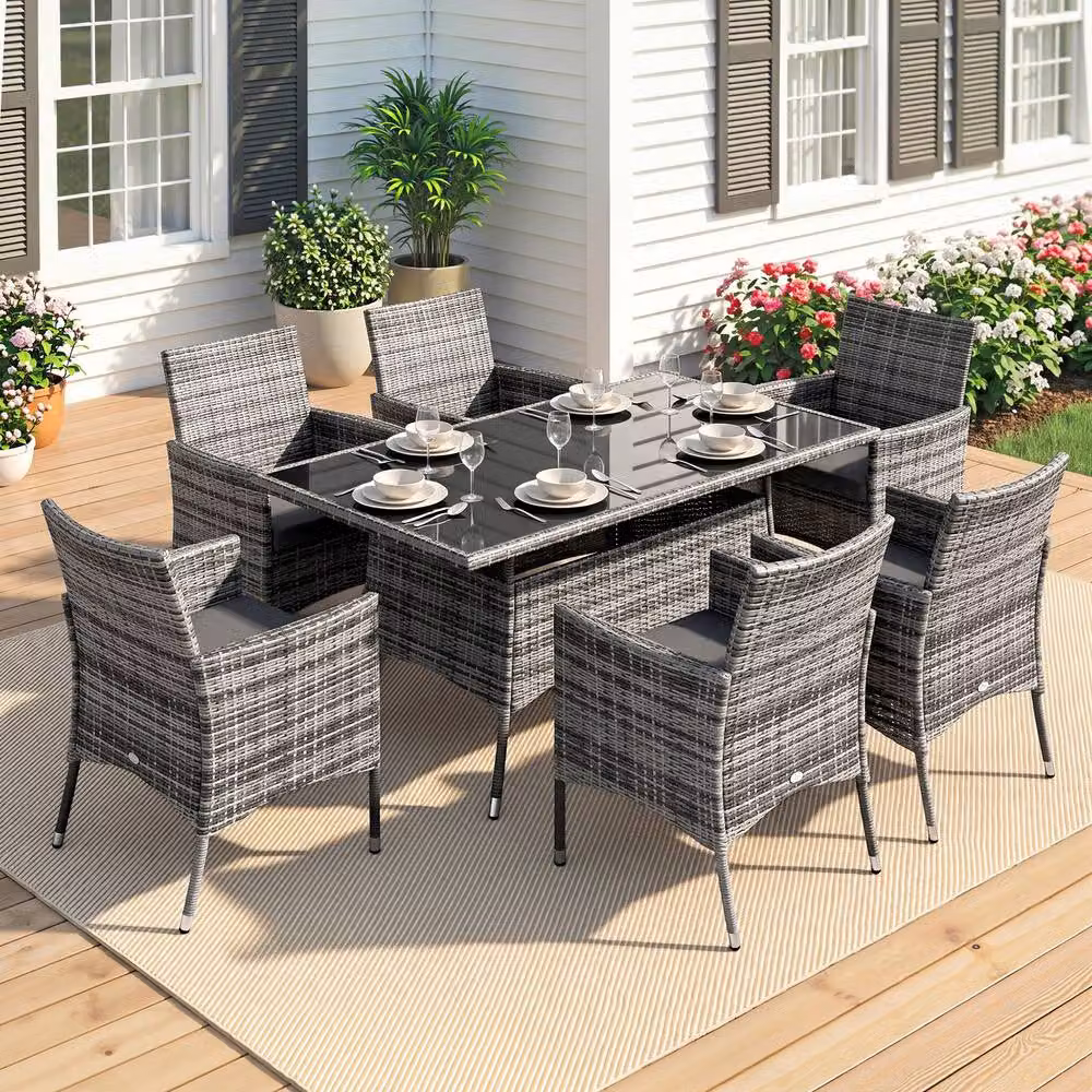 Outsunny 7-Piece Grey Polyrattan Garden Furniture Dining Set with Glass Table – 2