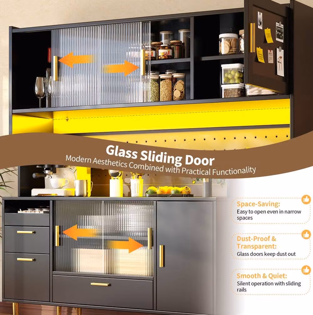 STILVORA Modern Tall Storage Cabinet in Black with Integrated LED Lighting and Sliding Glass Doors – 8