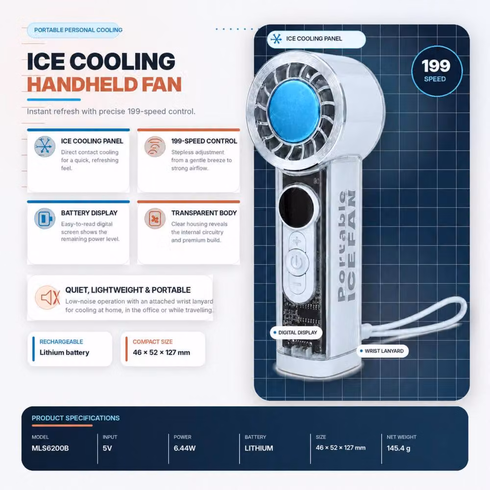 Dyzi Portable Ice Cooling Handheld Fan with 199 Speeds, USB Rechargeable, Blue – 3