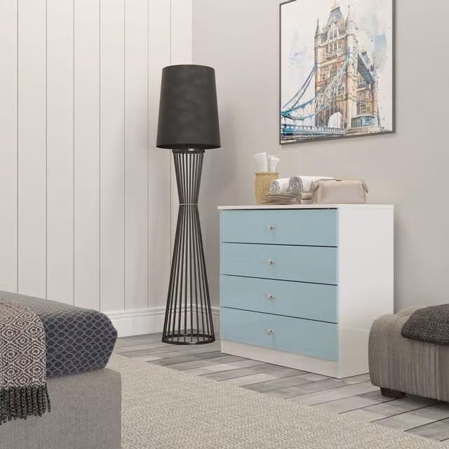 Seconique Denver 4 Drawer Chest in Blue and White Glossy MDF