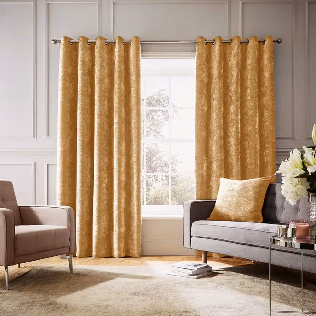 Hyperion Selene Jacquard Eyelet Curtains in Amber Gold Chenille Fabric