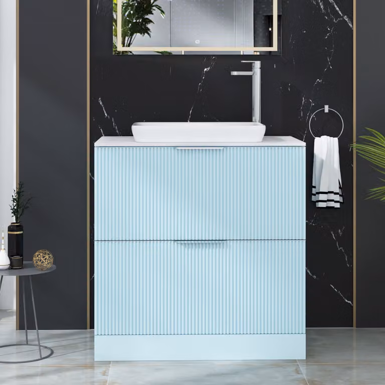 Royal Bathrooms Evora 800mm Powder Blue Fluted Floor Standing Countertop Vanity Unit with 2 Drawers and Qubix Basin