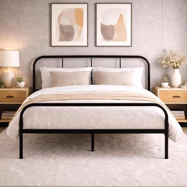 House Of Home Black Metal Double Bed Frame with Rounded Headboard, W/D/H: 198 x 140 x 89 cm
