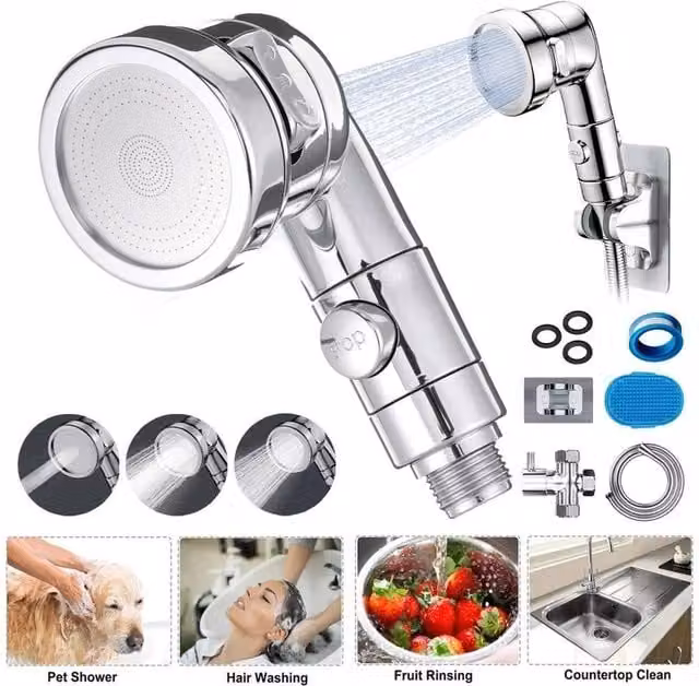 EONLION High Pressure Handheld Shower Head in Silver and Chrome – 1