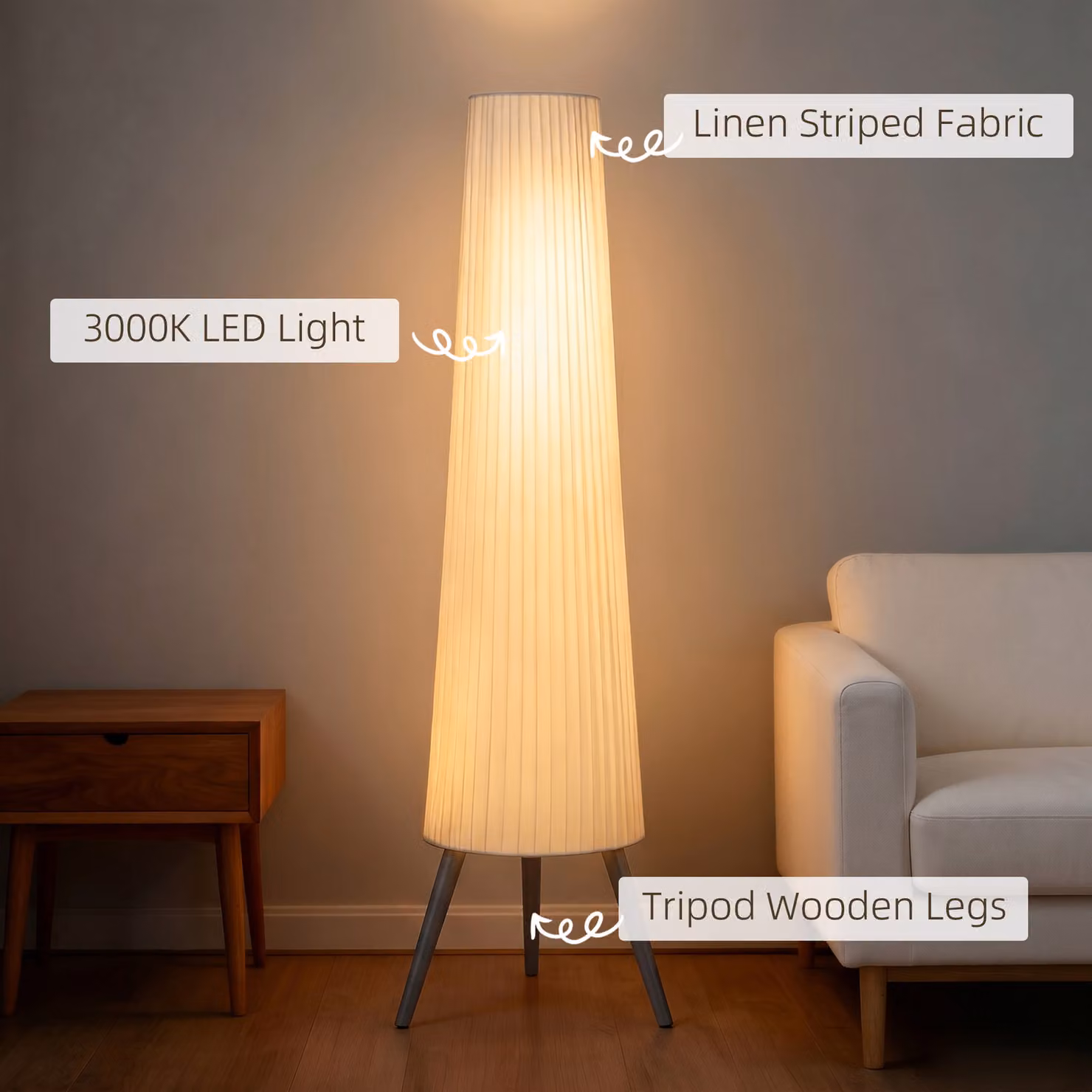 HOMCOM Dimmable Nordic Tripod Floor Lamp with Fabric Shade and Foot Switch, White, Height: 153 cm – 4