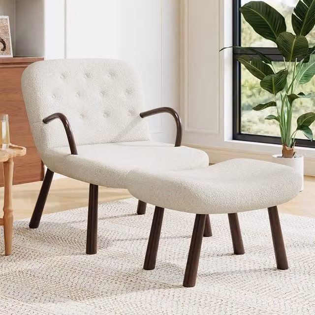 Komore White Bouclé Fabric Armchair and Matching Ottoman Set