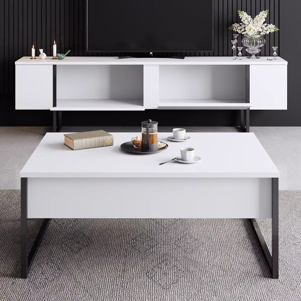 Calicosy Luxury Modern TV Stand with 2 Drop-Down Doors, White, W/D/H: 180 x 50 x 30 cm – 4