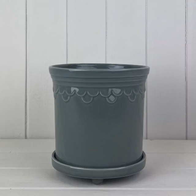 KDMD Classic Round Ceramic Tabletop Plant Pot with Saucer in Grey