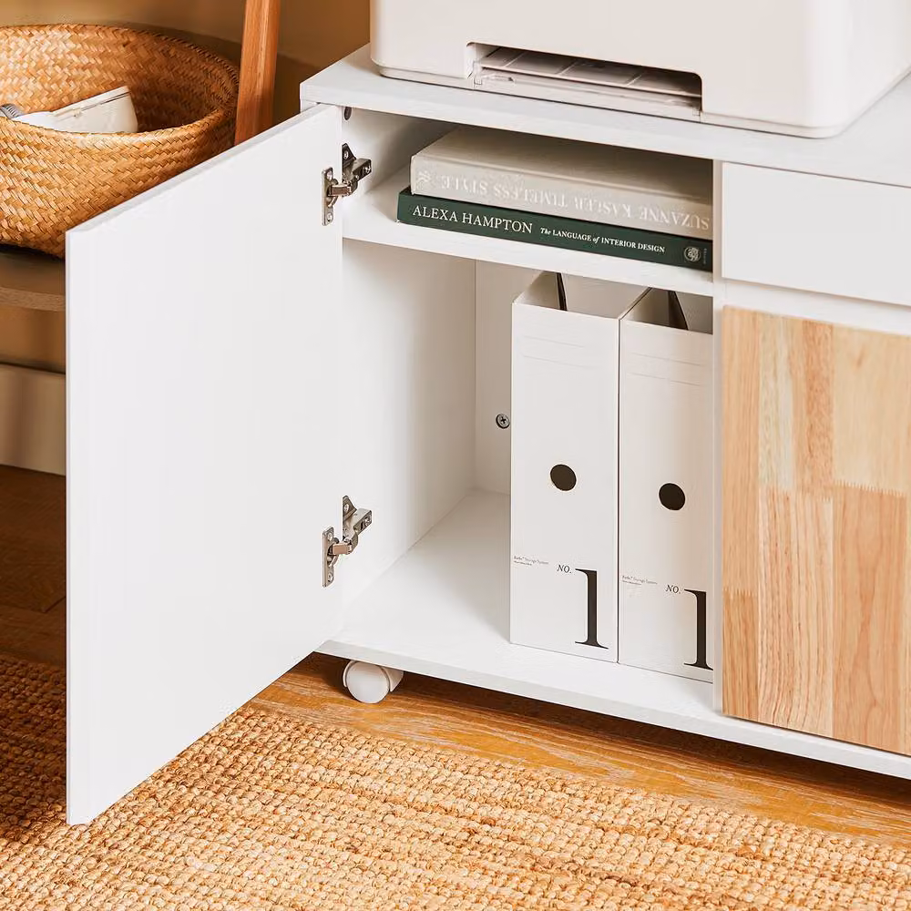 SoBuy Scandinavian Style Mobile Office Storage Cabinet in White and Natural Wood with Castors – 3