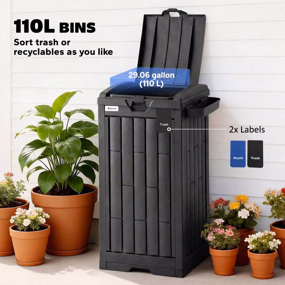OUTSUNNY 110 L Outdoor Bin with Dual Flip Lid, Side Holder and Drip Tray, Black – 4