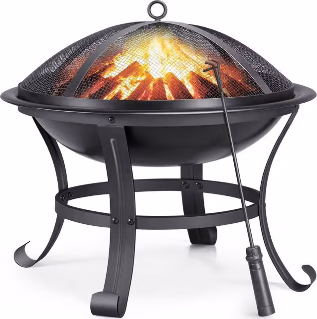 Yaheetech Black Metal Outdoor Round Fire Pit with Poker and Cover