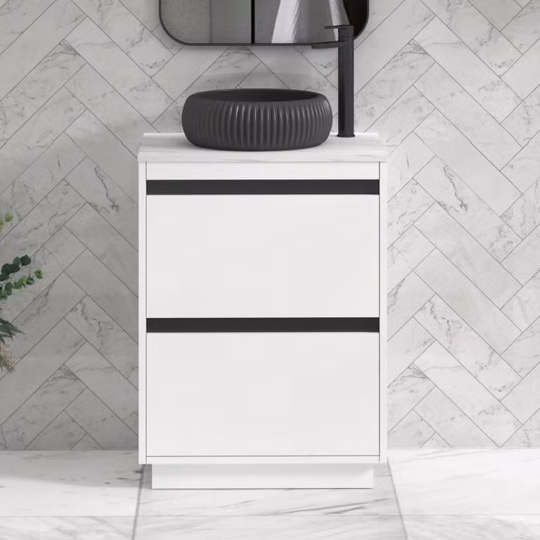 Royal Bathrooms Orion 800mm Matt White Floor Standing Countertop Vanity Unit with 2 Drawers, Milan Black Basin and Black Accent Trim