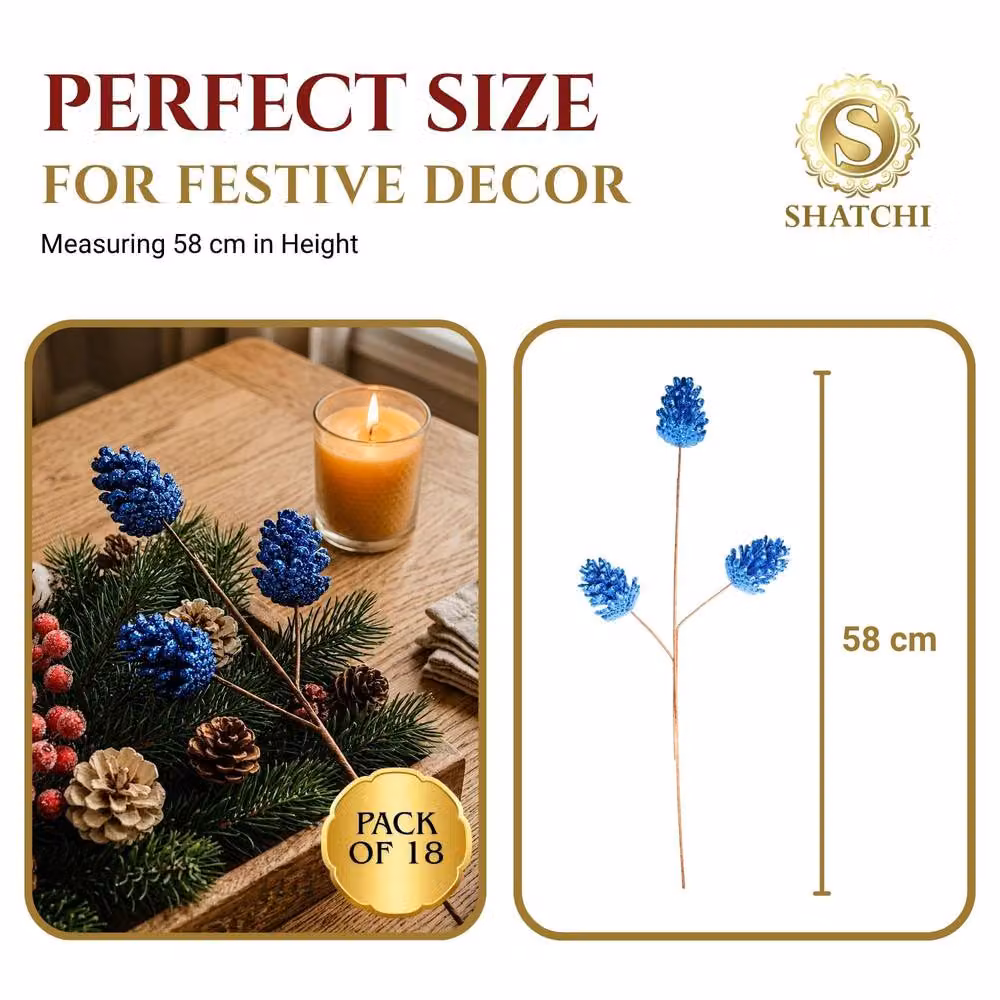Shatchi 18 Pack Glitter Dark Blue Pine Cone Christmas Picks, Height: 58 cm – 3
