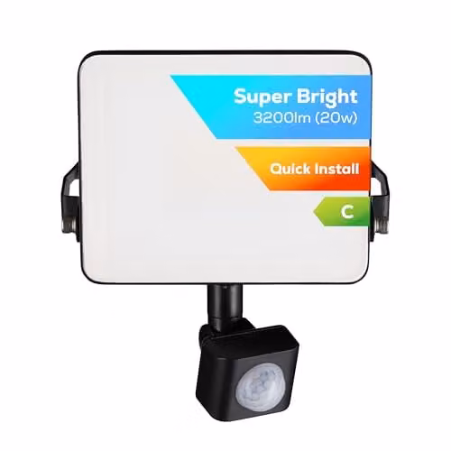 TCP 20W LED Security Floodlight with PIR Motion Sensor, 3200lm, Cool White 4000K, IP44 Waterproof, Black – 1