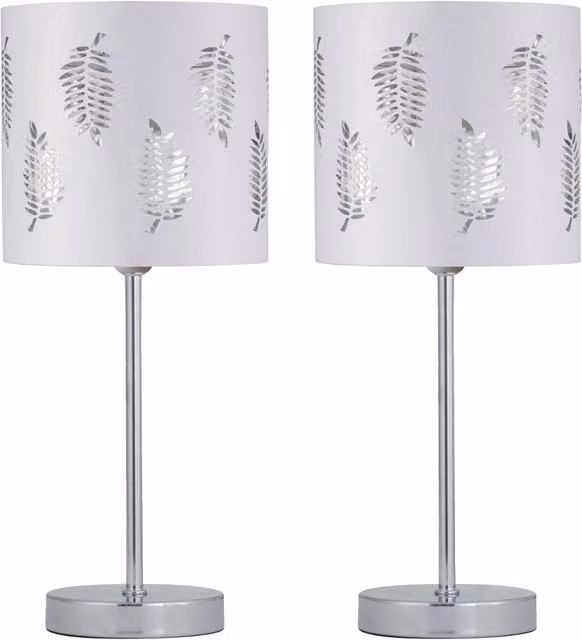First Choice Lighting Set of 2 Chrome Stick Table Lamps with White Fabric Cylinder Shades – 1