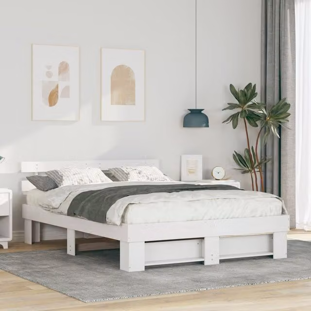 Berkfield Home White Solid Pine Wood Bed with Headboard W/D/H: 140 x 200 x 73 cm