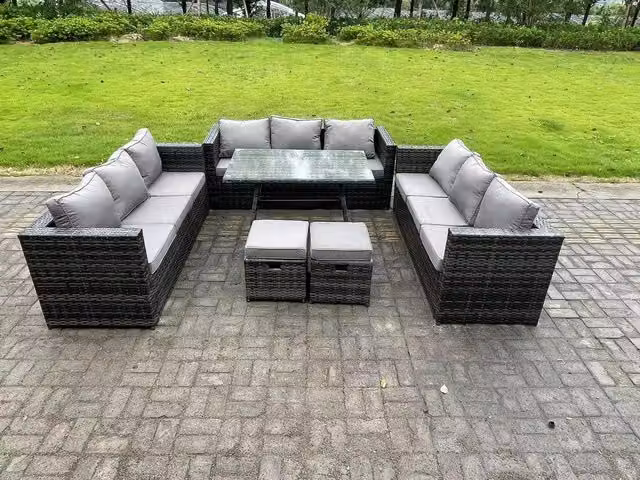 Fimous 11 Seater Rattan Outdoor Garden Dining Set with Patio Table and 2 Small Footstools in Dark Grey