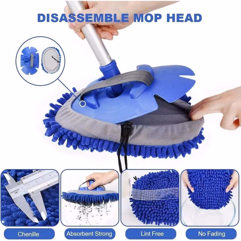 VOGREX Blue Microfibre Adjustable Telescopic Soft Car Wash Mop and Vehicle Window Cleaning Brush – 3