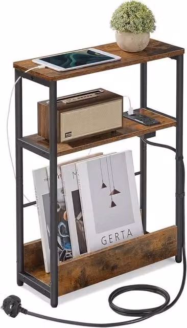FORGEVIO 3-Tier Slim Narrow Bedside End Table with Charging Station in Brown and Multicolour – 1