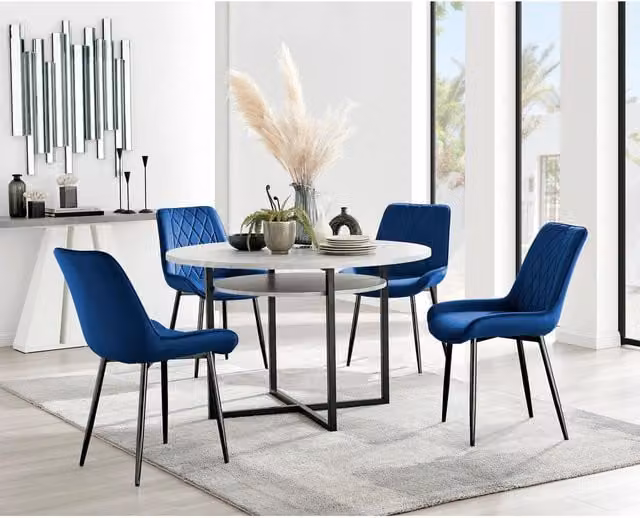 FurnitureboxUK Adley Grey Concrete Effect Round Dining Table and 4 Navy Pesaro Upholstered Chairs with Black Metal Legs