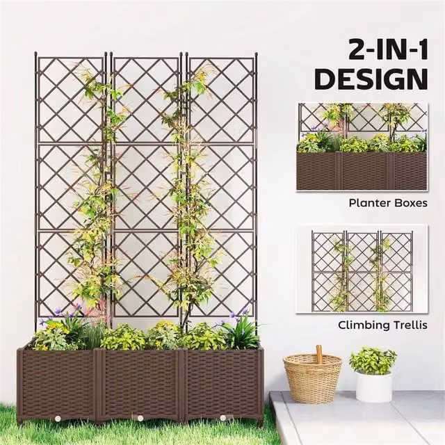 KORVIXA Brown Raised Garden Bed with Trellis made of Plastic WPC