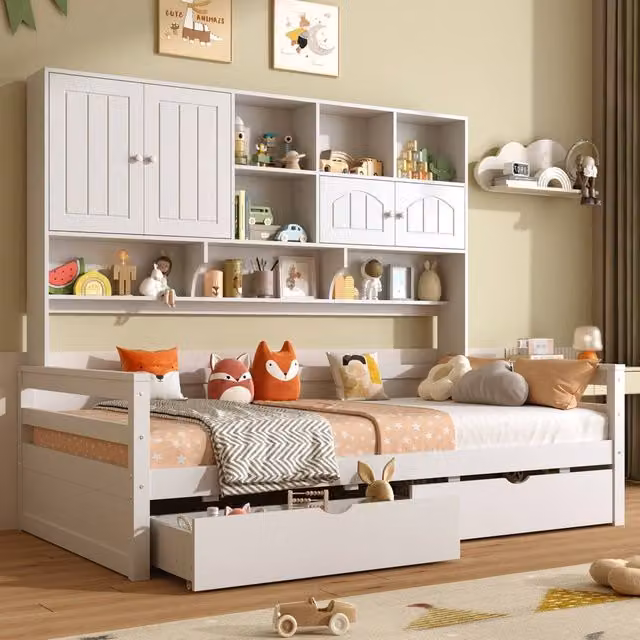 Matteo Single Solid Wood Bed Frame with Storage Drawers and Bookcase Headboard in White, W/D/H: 200 x 90 x 166 cm