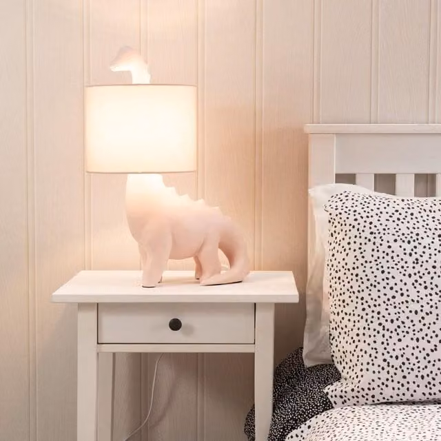 ValueLights Kids Pink Dinosaur Bedside Table Lamp with Drum Fabric Shade – 1