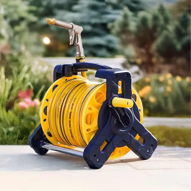 Breeins Portable Freestanding Watering Hose Reel Set with 3 Modes Spray Gun, Yellow, 35m