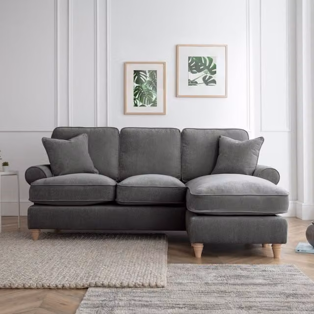 The Great Sofa Company Ezra Right Hand Velvet Chaise Sofa in Charcoal Grey with Scroll Arms