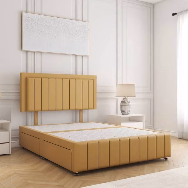 BSSPOKE Sophia Double Divan Bed with 24 inch Plush Headboard and 2 Drawers in Mustard Yellow