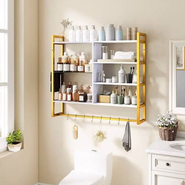 Gymax 6-Tier Wall Mounted Shelf with 8 S-Hooks, White and Gold Faux Marble Surface, Height: 107 cm