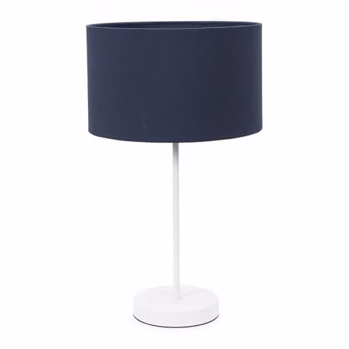 ValueLights Charlie White Metal Single Stem Table Lamp with Navy Blue Fabric Drum Shade – 1