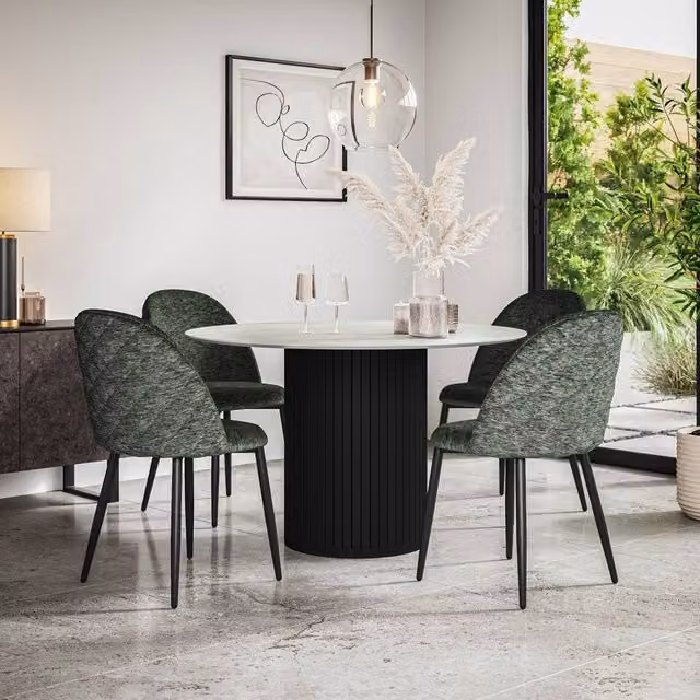 More4Homes Arlo White Marble Top Dining Table with Black Legs and 4 Green Raye Velvet Dining Chairs Set, Diameter: 120 cm, Height: 75 cm