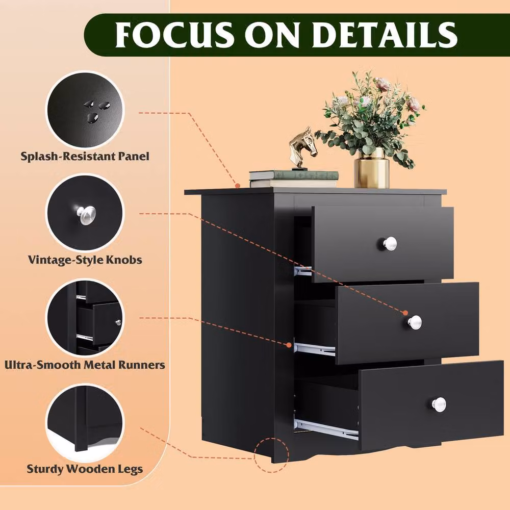 Rolipo Black 3 Drawer Bedside Table with Charging Station – 7