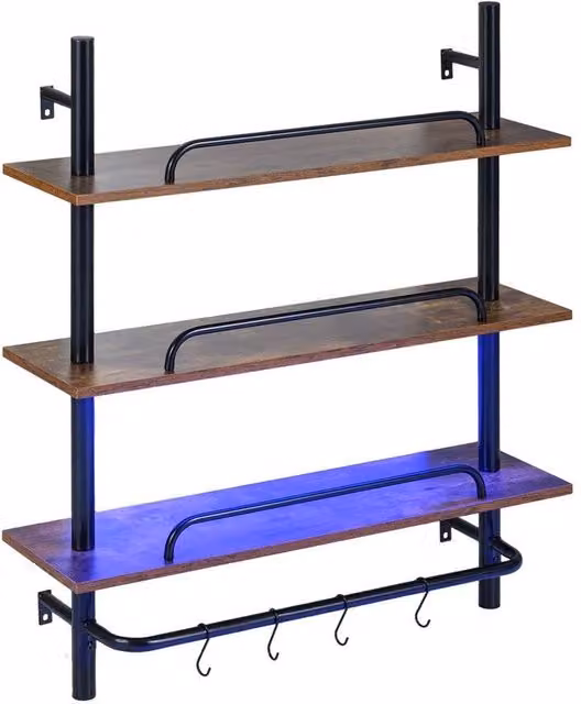 VOGREX Industrial 3-Tier Wall Mounted Pipe Storage Rack in Brown and Black with Integrated Lighting – 1