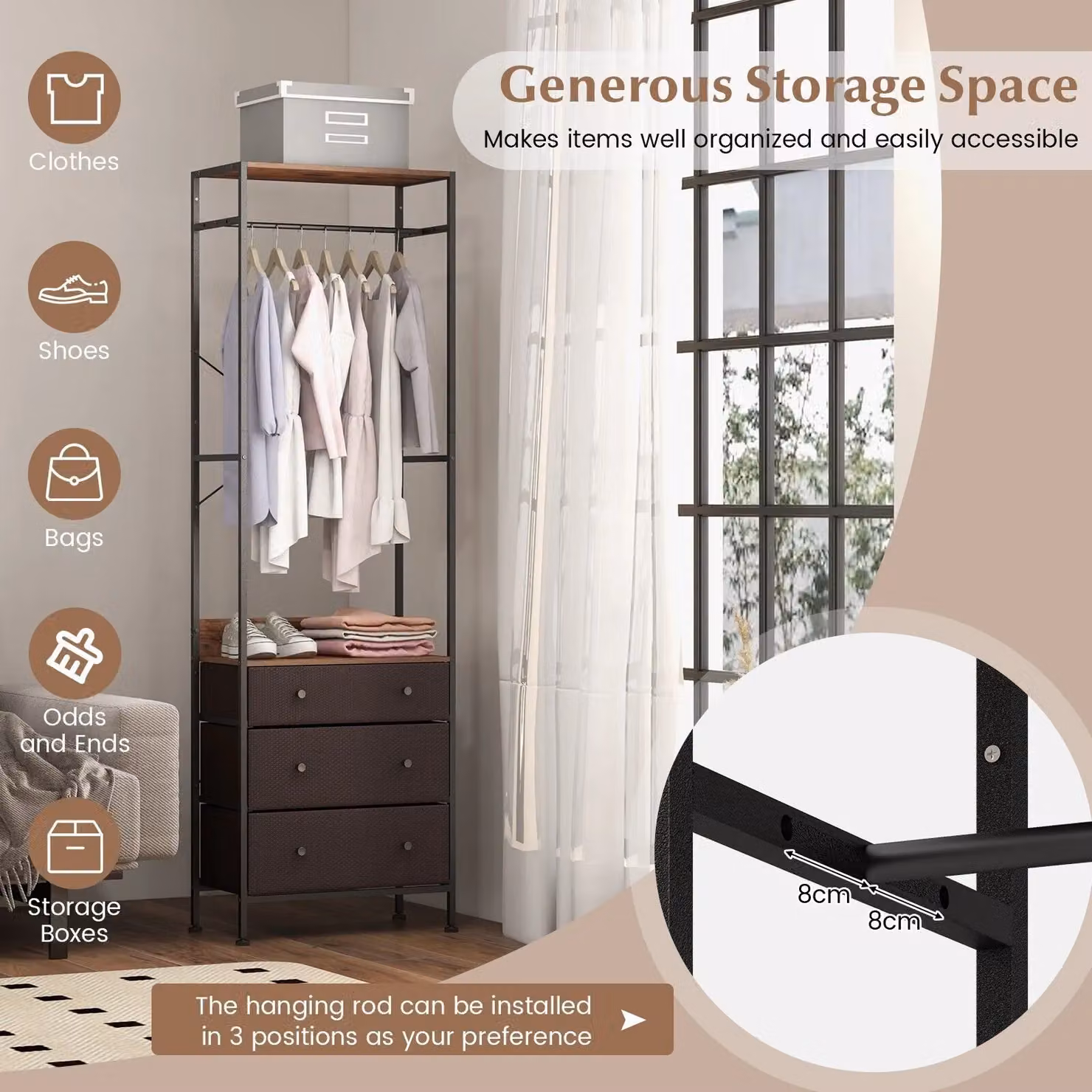 Costway Brown Metal Freestanding Clothes Rack and Industrial Closet Organiser – 4