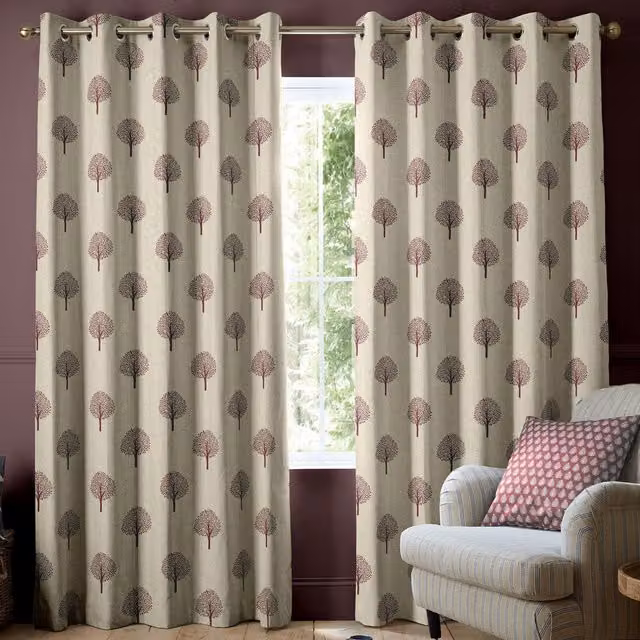 Emily Bond Yew Tree Made to Measure Blackout Eyelet Curtains in Mulberry Floral Cotton