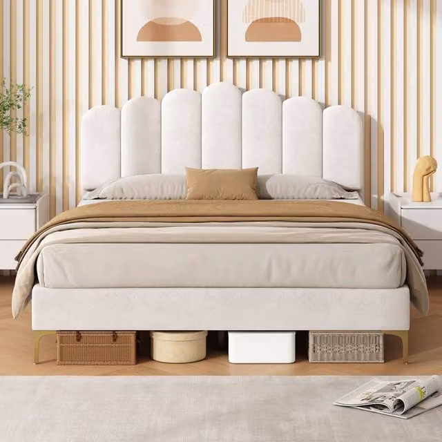 Merax Double Velvet Tufted Upholstered Bed in Beige with Adjustable Headboard, W/D/H: 140 x 200 cm