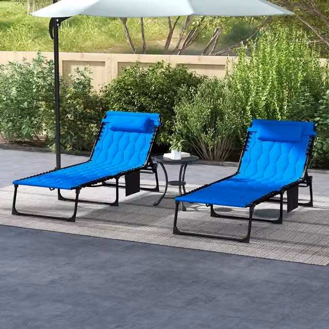 Outsunny 2 Piece Foldable Padded Sun Lounger Set in Blue with Adjustable Headrests