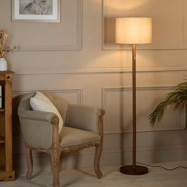 Modern Brown Wood Floor Lamp with Grey Fabric Cylinder Shade