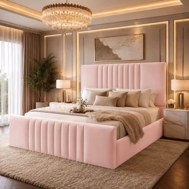 Desire Deco Ashley Upholstered Plush Velvet Panel Bed Frame in Pink, Size: King (180 x 200 cm)