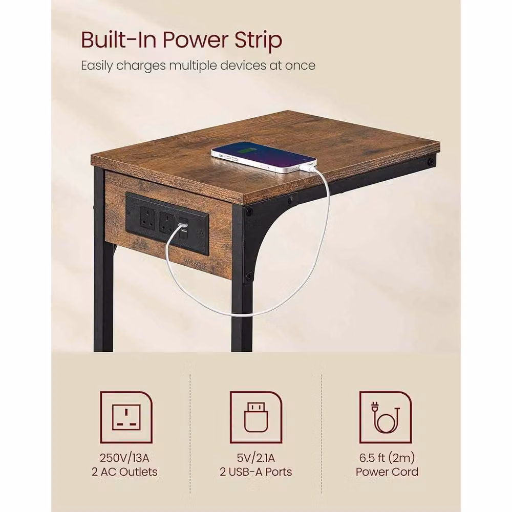 The Bazaarist C Shaped Side Table with USB Charging Station, Brown – 4