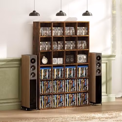 HOMCOM Rustic Brown Media Storage Unit with Adjustable Shelves and Back Panel – 7