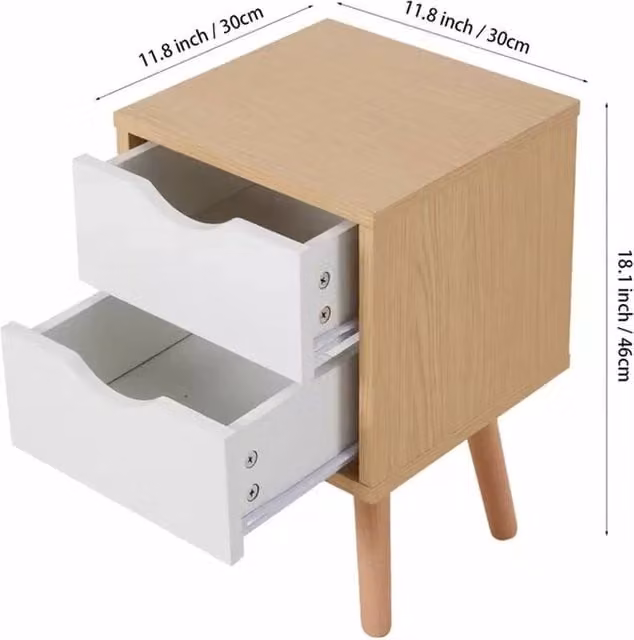 FORGEVIO White Wooden Bedside Table with 2 Drawers