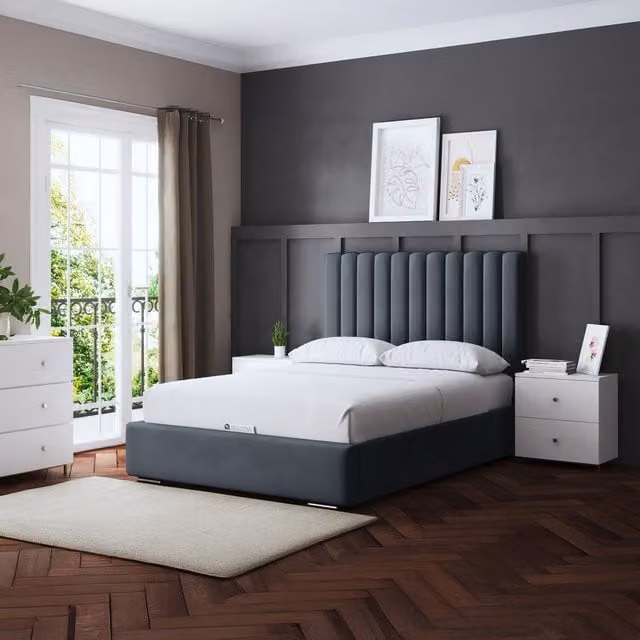 DS Living Modern Upholstered Panel Bed in Grey, W/D/H: 90 x 190 cm