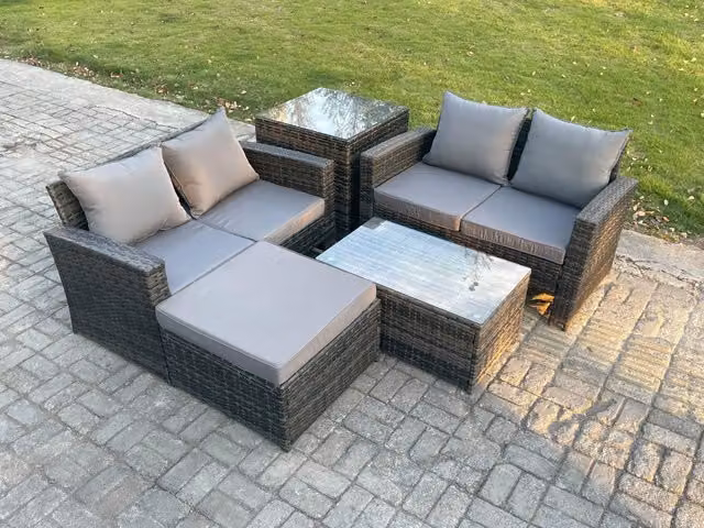 Fimous 5 Seater Rattan Garden Furniture Set in Dark Grey with Coffee Table and Ottoman