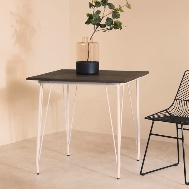 Orsina Modern Metal and Elm Wood Square Dining Table in Grey and White, W/D/H: 80 x 80 x 76 cm