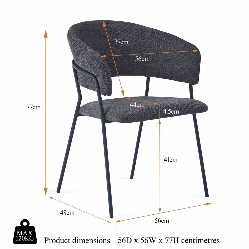 SONARA Set of 2 Modern Curved Dining Chairs with Armrests and Metal Frame in Grey – 2