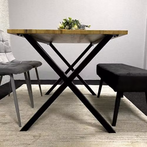 KOSY KOALA Modern Dining Set with Rectangular Wood Effect Table, Padded Bench and 2 Grey Velvet Chairs with X-Shaped Metal Legs – 2