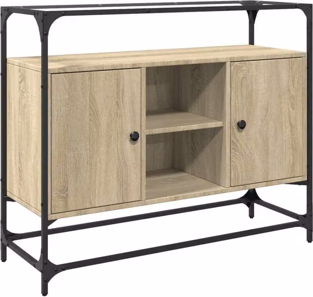 Berkfield Home Sonoma Oak Sideboard with Glass Top in Beige, W/D/H: 98 x 35 x 81 cm